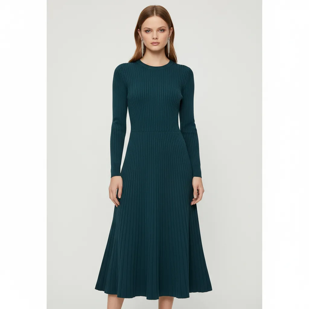 Women's Teal Ribbed Crew-Neck Flared Midi Dress - Custom Elegant Knit Design