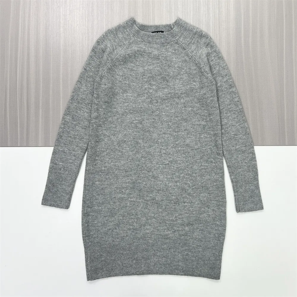 Women's Heather Gray Crew-Neck Knit Sweater Dress - Custom Minimalist Comfort Design