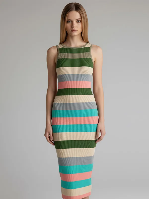 Women's Multi-Color Striped Ribbed Sleeveless Maxi Dress - Custom Vibrant Slim-Fit Design