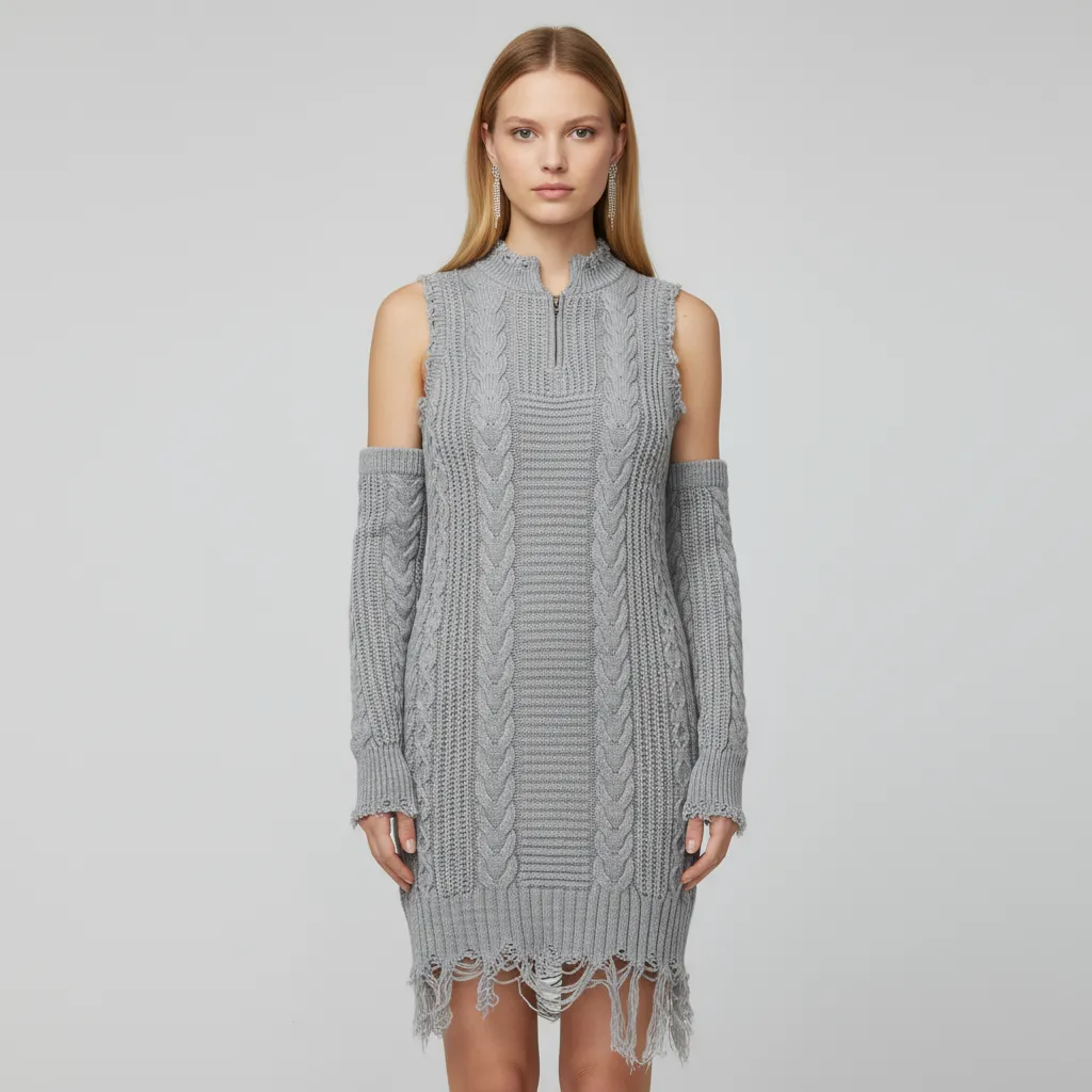 Women's Gray Cable-Knit Cold-Shoulder Fringe Mini Dress - Custom Edgy Fashion Design