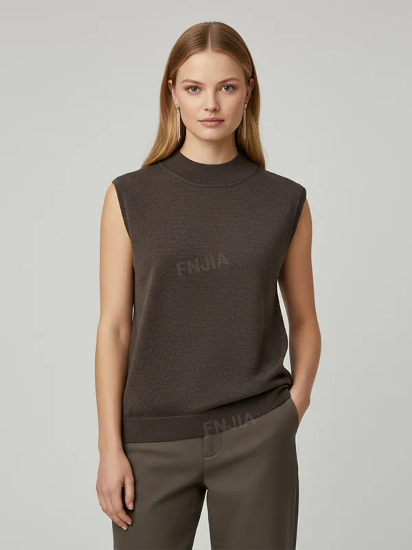 Women's Taupe Mock Neck Sleeveless Knit Vest - Custom Refined Layered Design