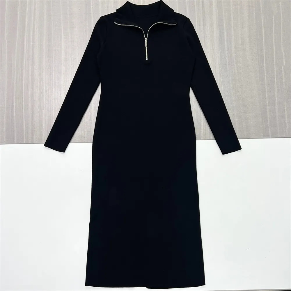 Women's Black Ribbed Half-Zip Midi Dress - Custom Sleek Modern Design