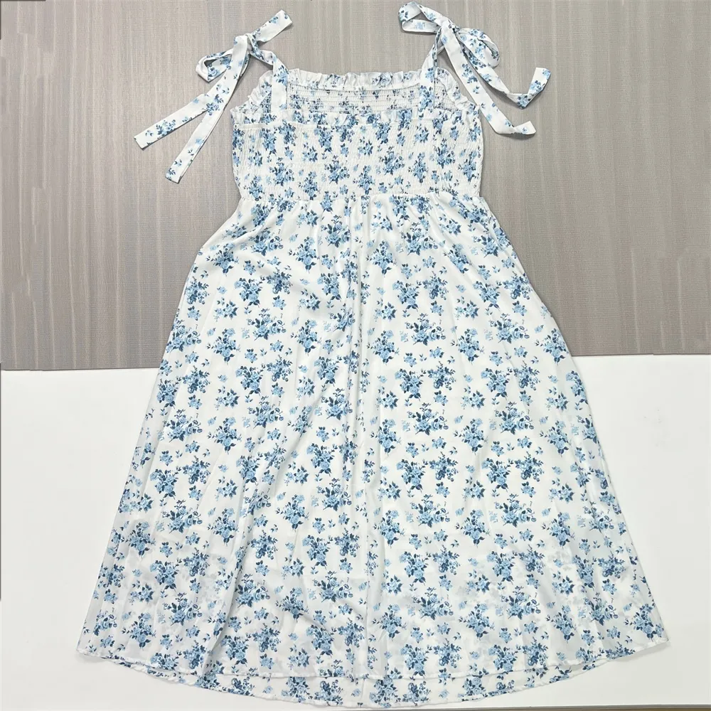 Women's White & Blue Floral Tie-Strap Smocked Midi Dress - Custom Feminine Casual Design