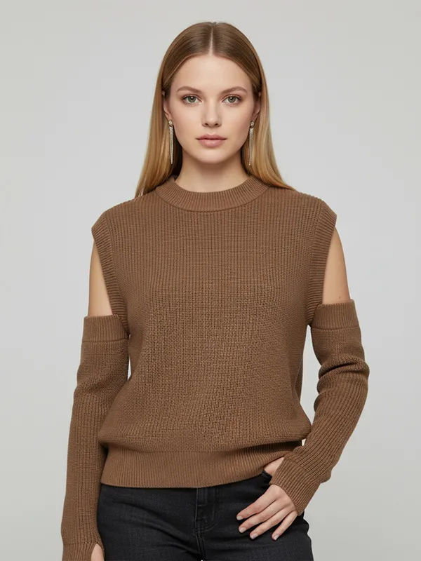 Women's Camel Ribbed Cold-Shoulder Detachable-Sleeve Knit Top - Custom Modular Design