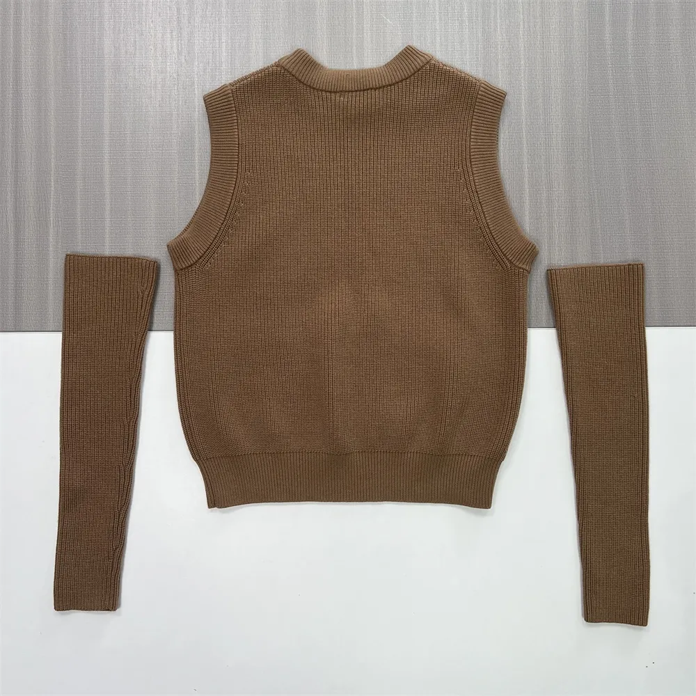 Women's Camel Ribbed Cold-Shoulder Detachable-Sleeve Knit Top - Custom Modular Design