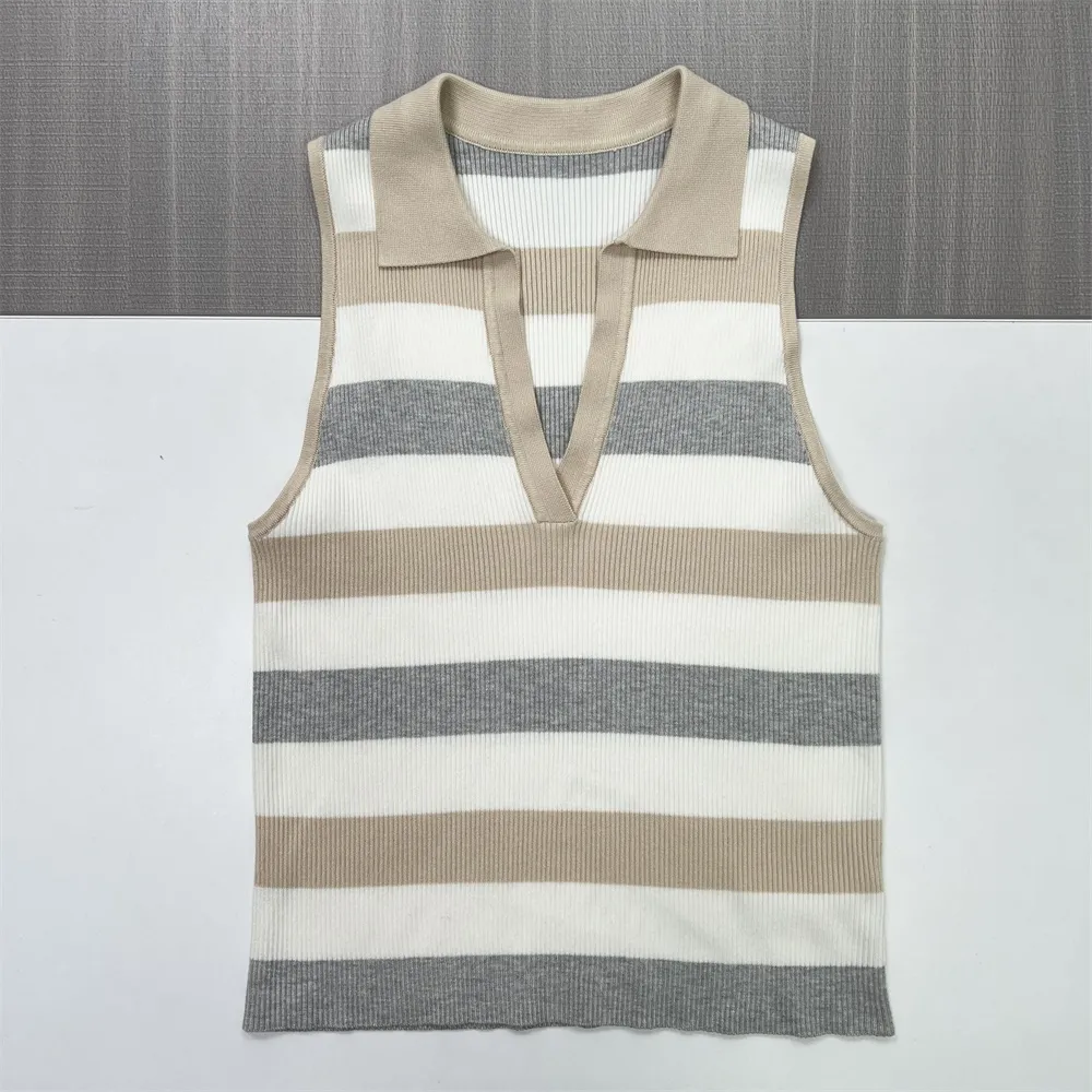 Women's Neutral Striped Polo-Collar Sleeveless Knit Top - Custom Slim-Fit Design