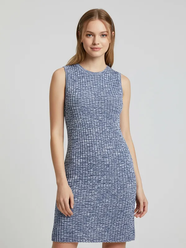 Women's Blue Textured Sleeveless Cutout Mini Dress - Custom Modern Knit Design