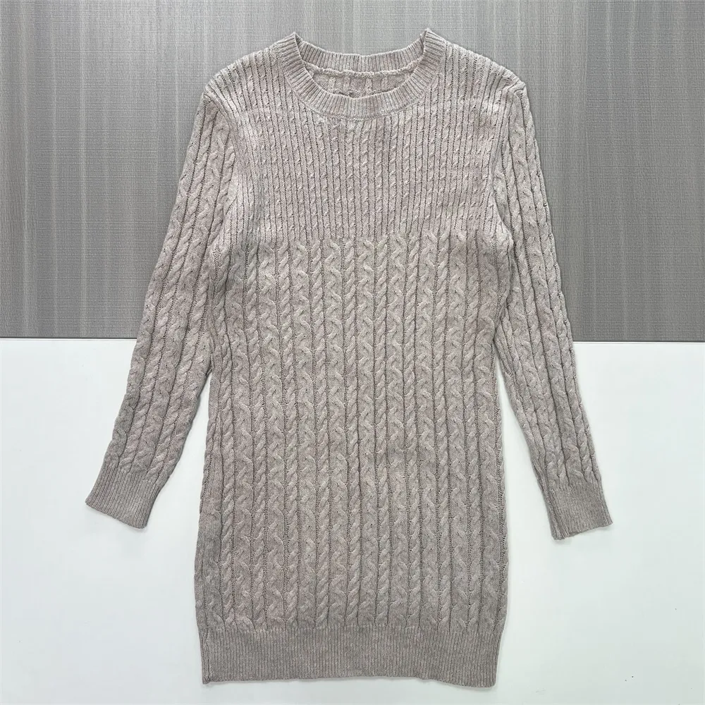Women's Beige Cable-Knit Crew-Neck Midi Dress - Custom Cozy Classic Design