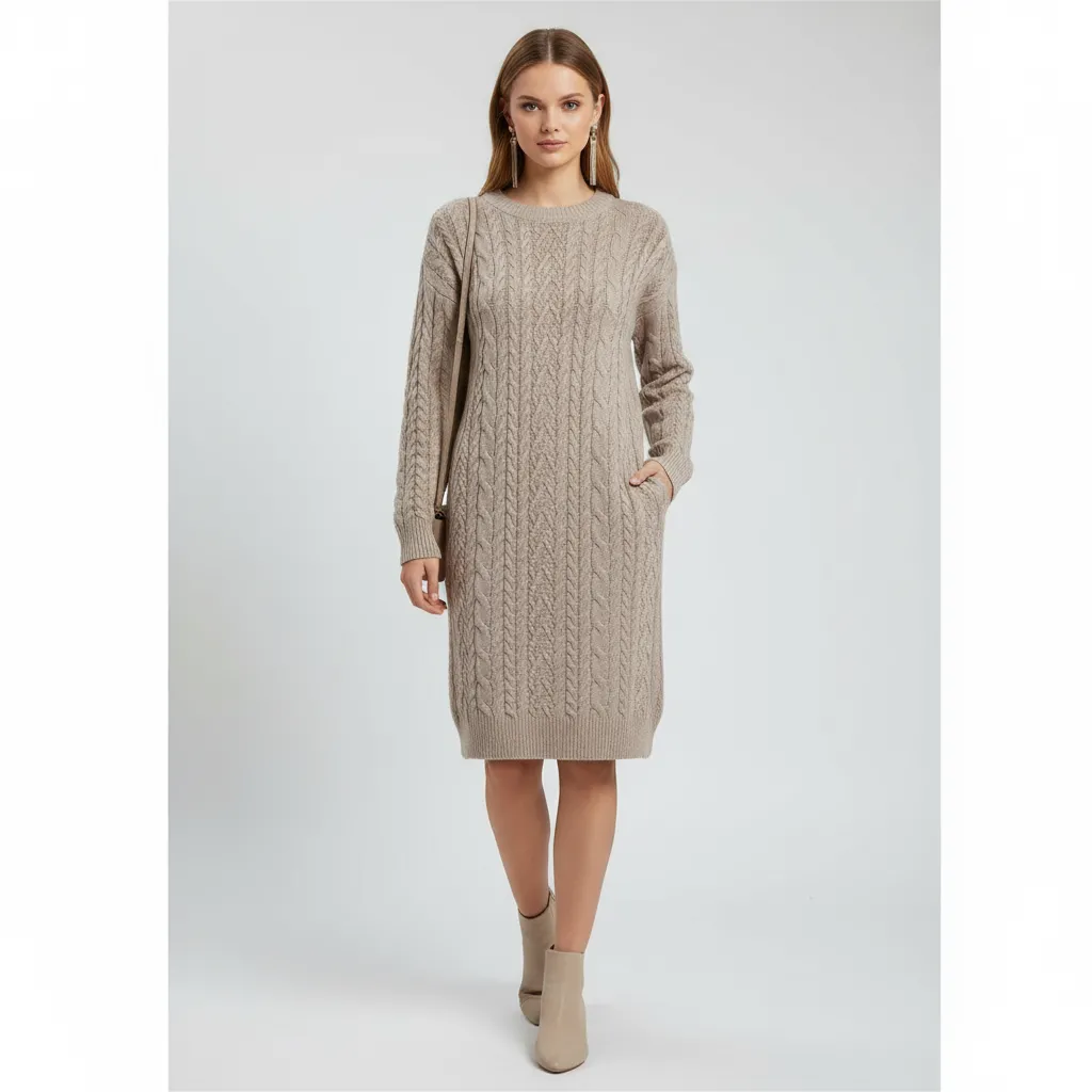 Women's Beige Cable-Knit Crew-Neck Midi Dress - Custom Cozy Classic Design