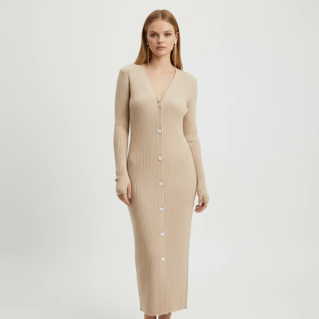 Women's Beige Ribbed V-Neck Button-Front Maxi Dress - Custom Slim-Fit Elegant Design