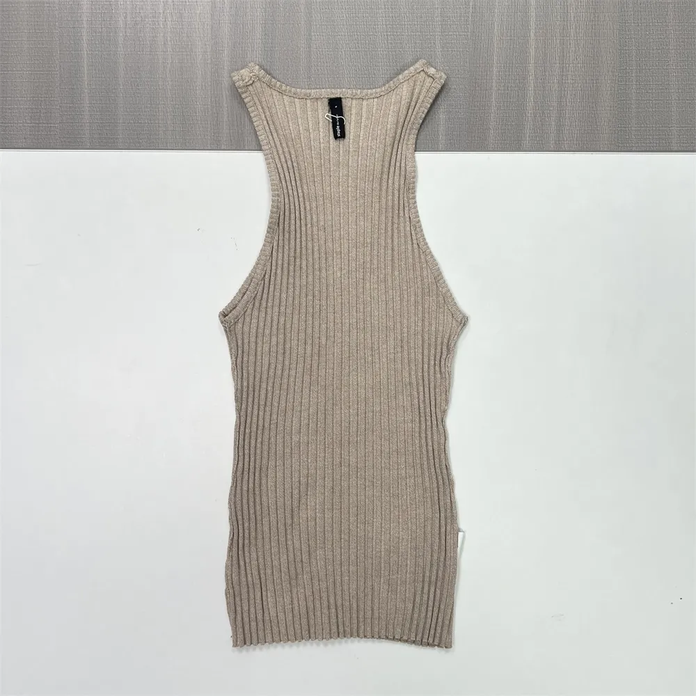 Women's Beige Ribbed Tank Top with Racerback Design - Custom Slim-Fit Knitwear