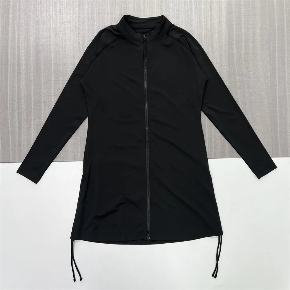 Women's Black Full-Zip Drawstring-Hem Midi Dress - Custom Modern Versatile Design