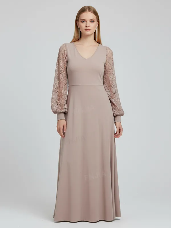 Women's Beige Lace-Sleeve V-Neck Maxi Dress - Custom Elegant Paneled Design