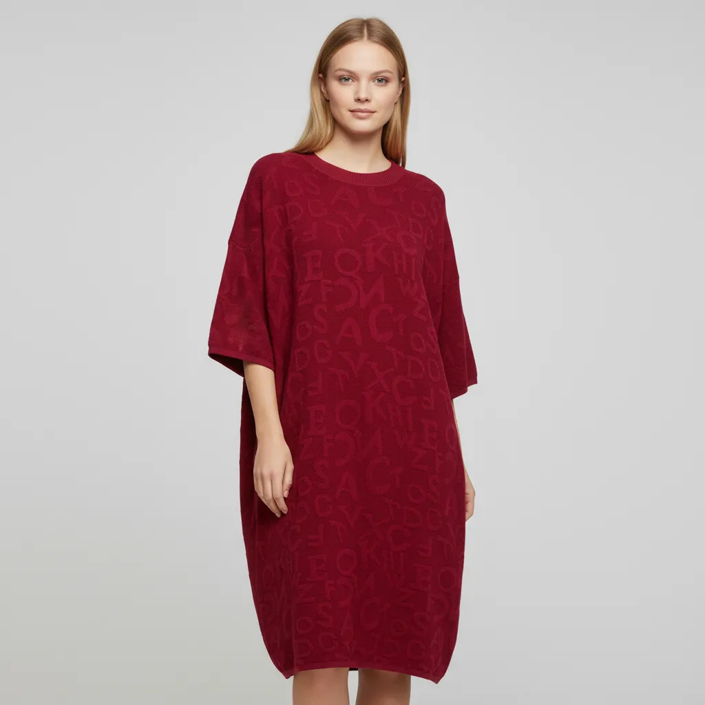 Women's Burgundy Typography-Knit Oversized Mini Dress - Custom Modern Statement Design