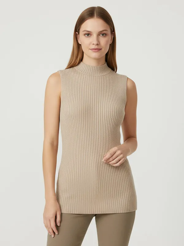 Women's Beige Ribbed Mock Neck Sleeveless Knit Top - Custom Slim-Fit Design
