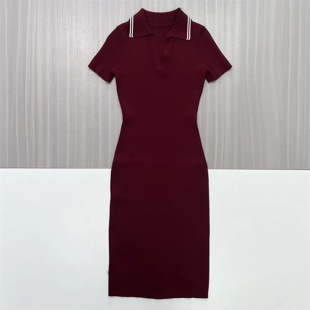 Women's Burgundy Ribbed Polo-Collar Knit Midi Dress - Custom Slim-Fit Preppy Design