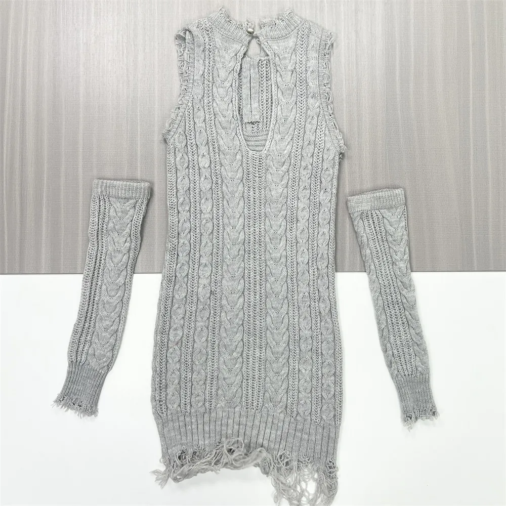Women's Gray Cable-Knit Cold-Shoulder Fringe Mini Dress - Custom Edgy Fashion Design