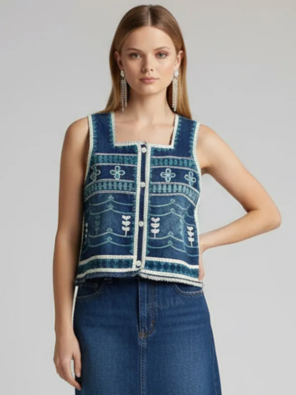 Women's Indigo Embroidered Sleeveless Vest - Custom Artisanal Folk-Style Design