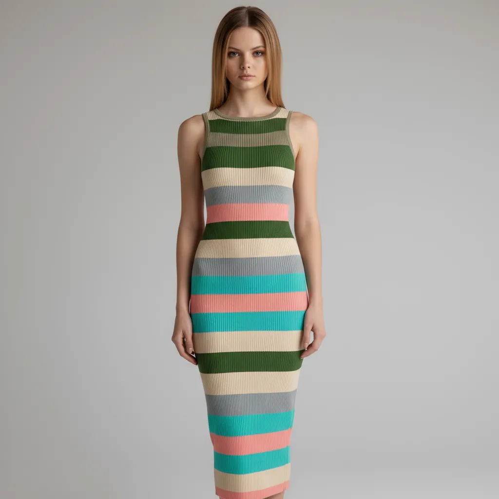 Women's Multi-Color Striped Ribbed Sleeveless Maxi Dress - Custom Vibrant Slim-Fit Design