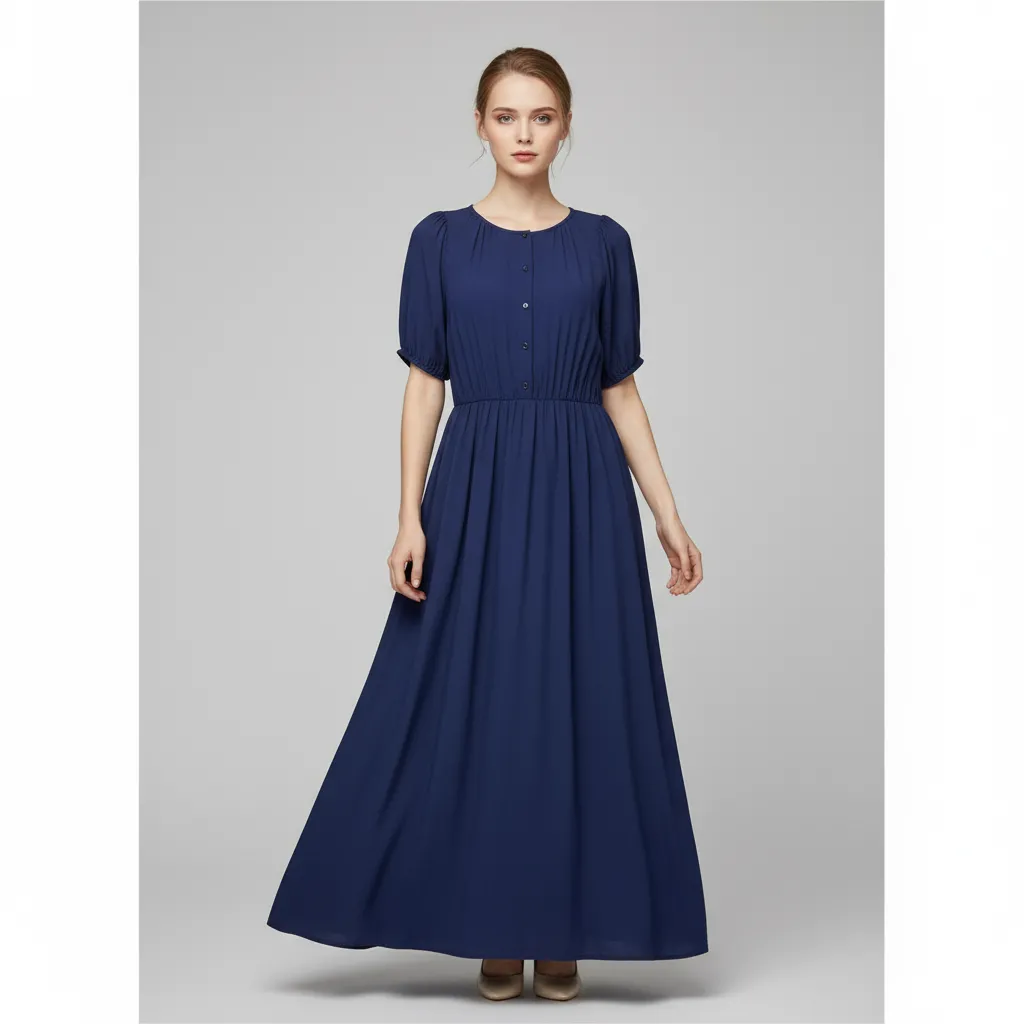 Women's Navy Smocked-Waist Puff-Sleeve Maxi Dress - Custom Elegant Versatile Design