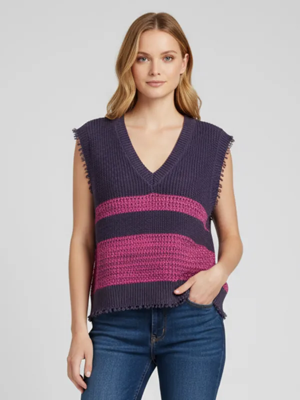 Women's Plum & Magenta Striped Distressed-Knit Sleeveless Vest - Custom Edgy Design