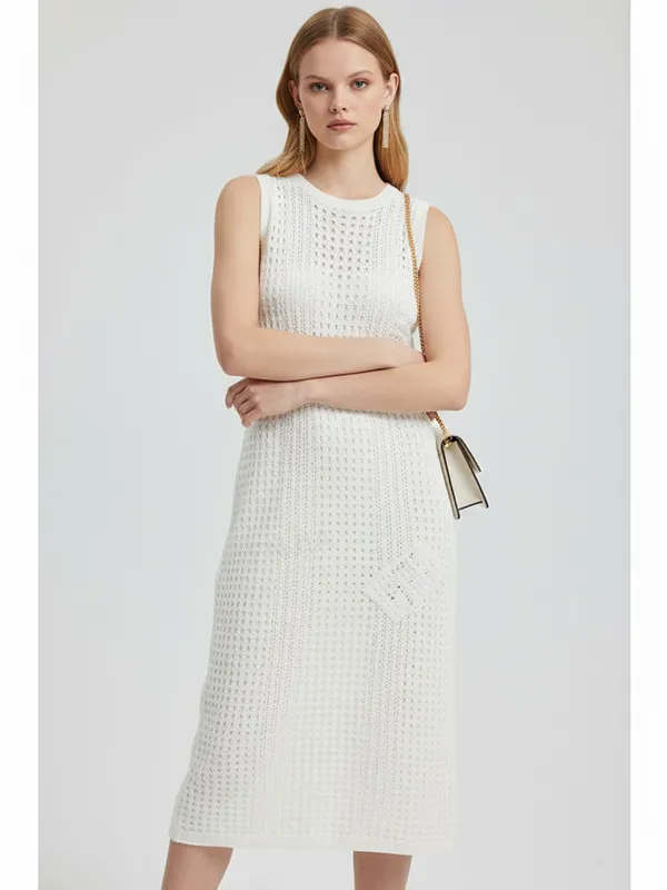 Women's White Openwork Knit Sleeveless Midi Dress - Custom Minimalist Elegant Design