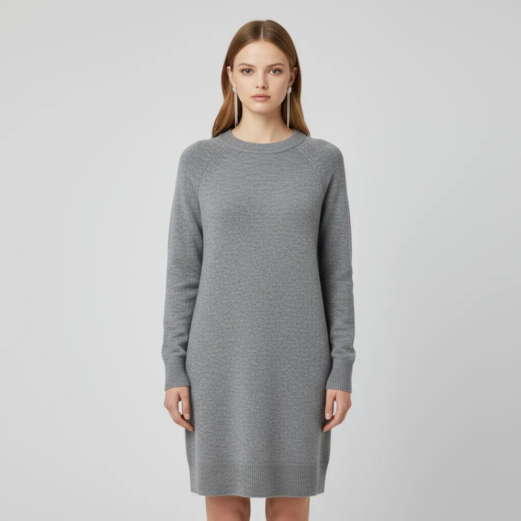 Women's Heather Gray Crew-Neck Knit Sweater Dress - Custom Minimalist Comfort Design
