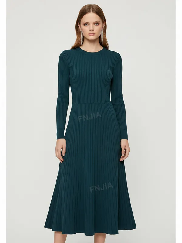 Women's Teal Ribbed Crew-Neck Flared Midi Dress - Custom Elegant Knit Design