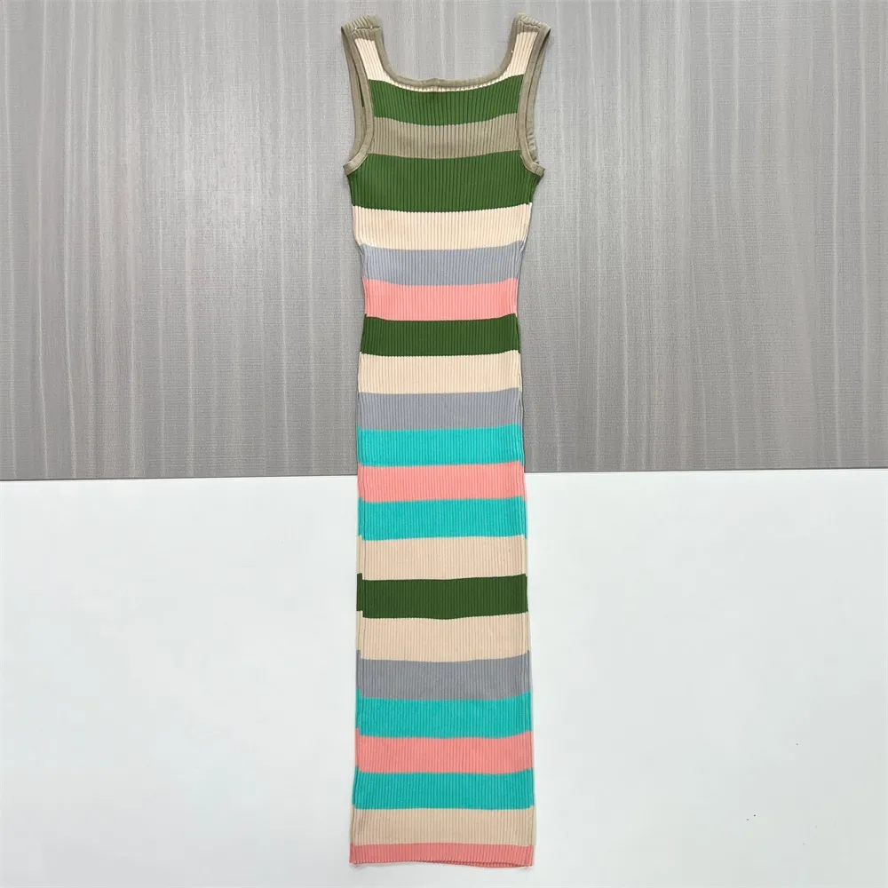 Women's Multi-Color Striped Ribbed Sleeveless Maxi Dress - Custom Vibrant Slim-Fit Design