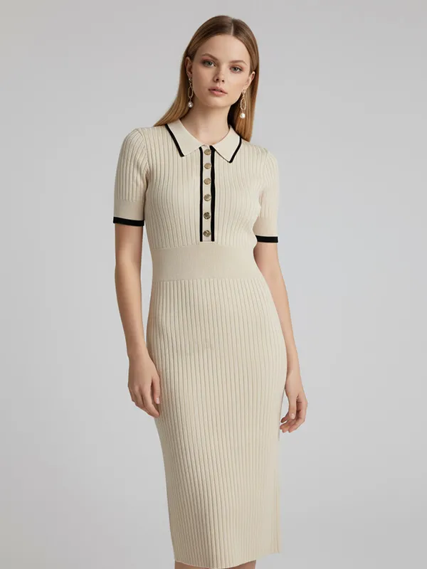 Women's Beige Ribbed Contrast-Collar Midi Dress - Custom Preppy Slim-Fit Design