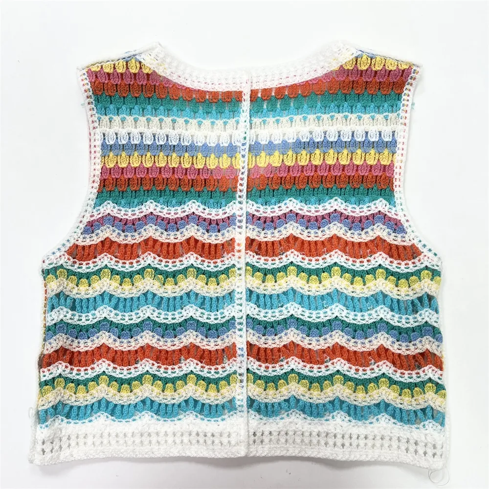 Women's Rainbow Chevron Crochet Sleeveless Vest - Custom Bohemian Openwork Design