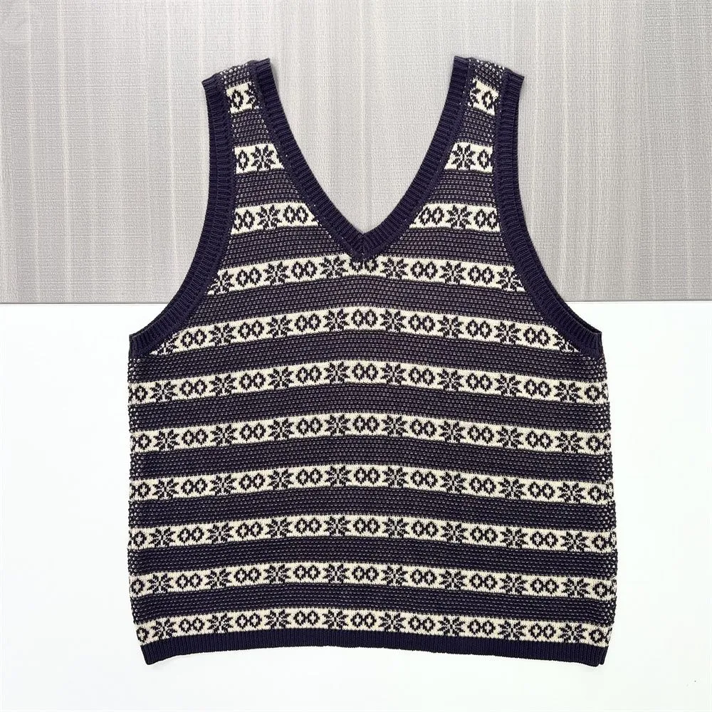 Women's Navy Fair Isle Pattern V-Neck Sleeveless Knit Top - Custom Preppy Design