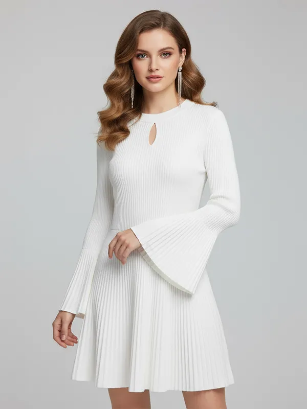 Women's White Ribbed Cutout Bell-Sleeve Mini Dress - Custom Feminine Elegant Design