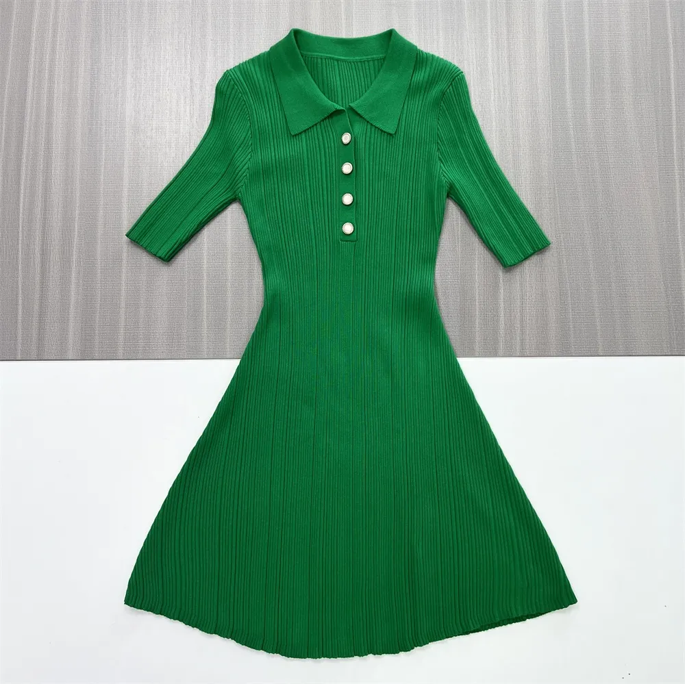 Women's Emerald Green Ribbed Polo-Collar Midi Dress - Custom Preppy Elegant Design
