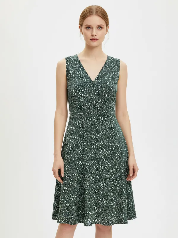 Women's Forest Green Ditsy-Print Sleeveless V-Neck Mini Dress - Custom Feminine Casual Design