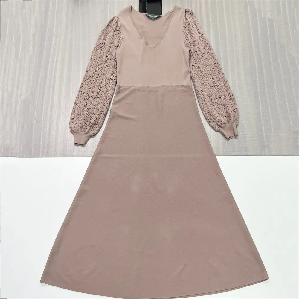 Women's Beige Lace-Sleeve V-Neck Maxi Dress - Custom Elegant Paneled Design