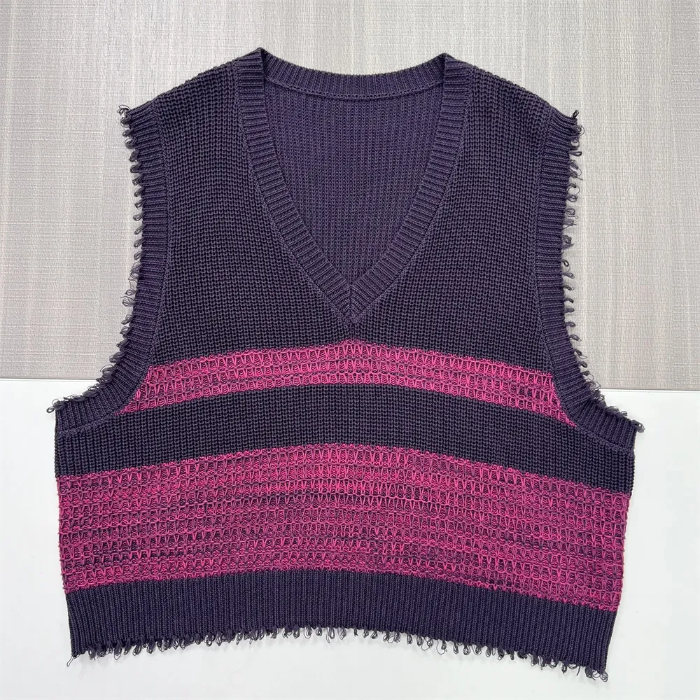Women's Plum & Magenta Striped Distressed-Knit Sleeveless Vest - Custom Edgy Design