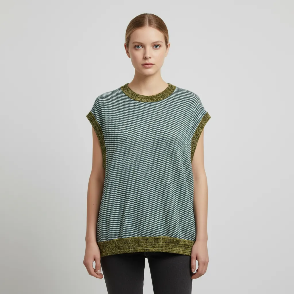 Women's Teal & Olive Wavy-Stripe Sleeveless Knit Top - Custom Contrast-Trim Design