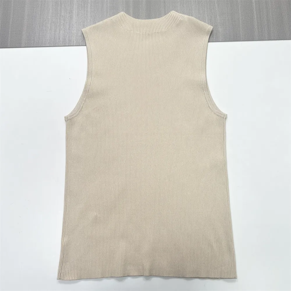 Women's Beige Ribbed Mock Neck Sleeveless Knit Top - Custom Slim-Fit Essential Design