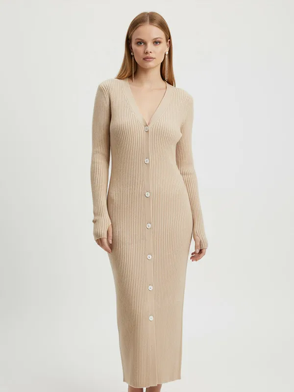 Women's Beige Ribbed V-Neck Button-Front Maxi Dress - Custom Slim-Fit Elegant Design