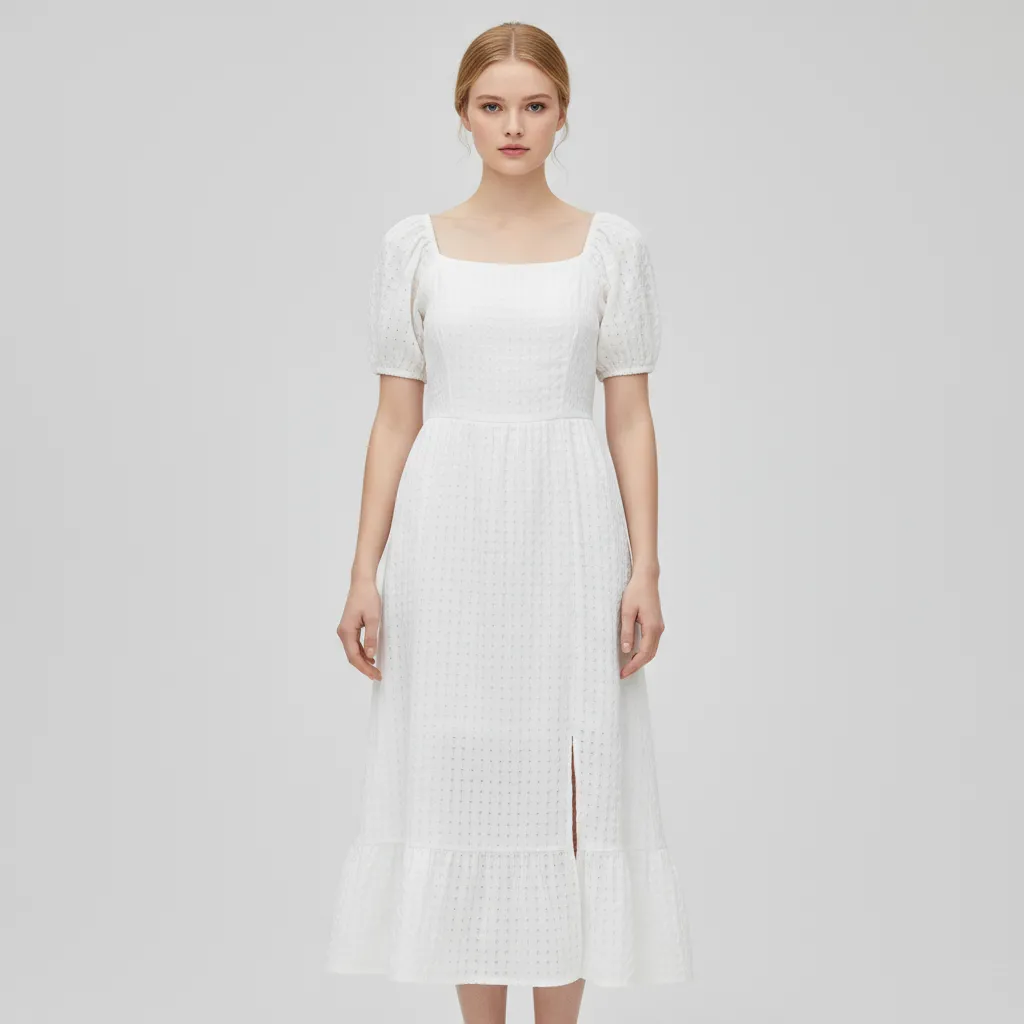 Women's White Textured Square-Neck Puff-Sleeve Midi Dress - Custom Romantic Elegant Design