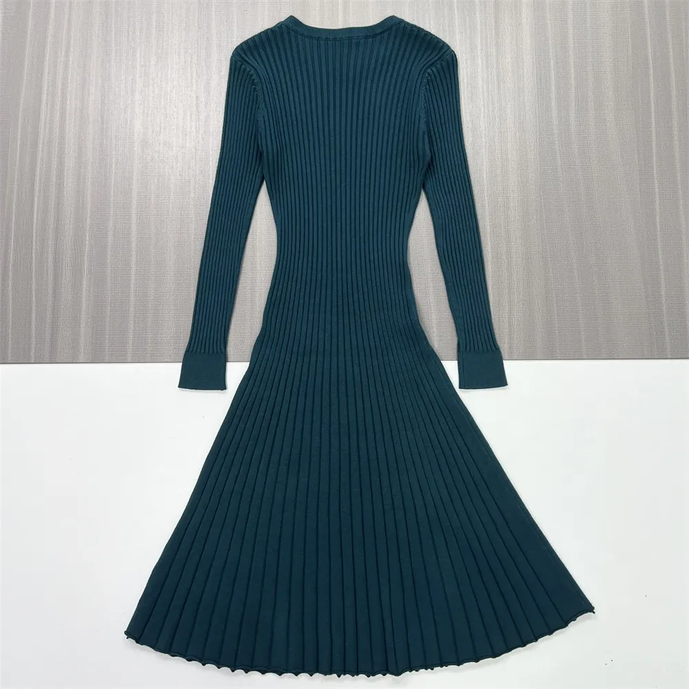 Women's Teal Ribbed Crew-Neck Flared Midi Dress - Custom Elegant Knit Design