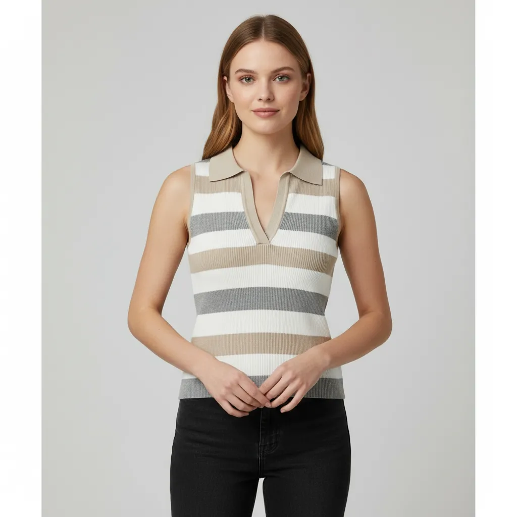Women's Neutral Striped Polo-Collar Sleeveless Knit Top - Custom Slim-Fit Design