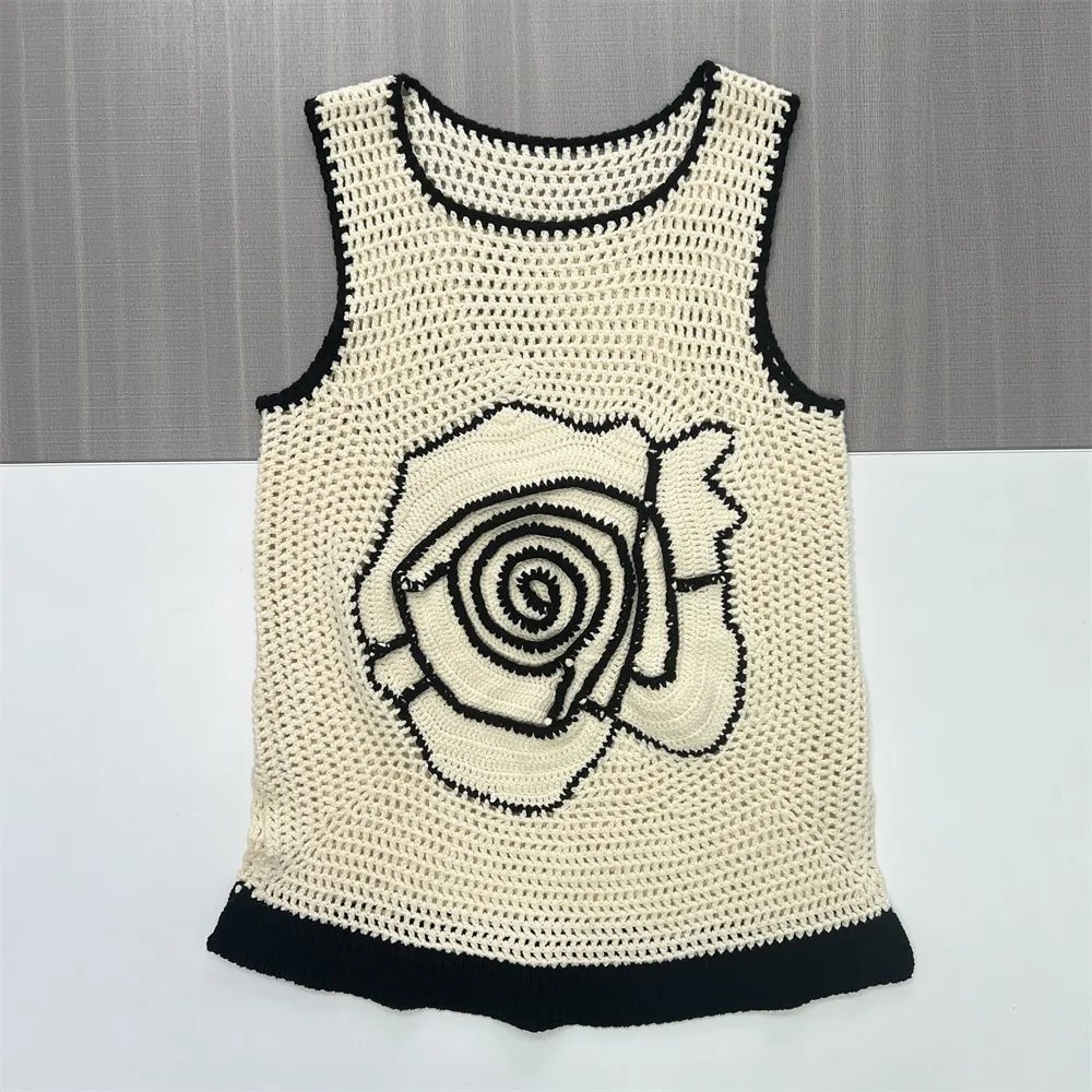 Women's Ivory Crochet Rose-Pattern Sleeveless Knit Top - Custom Artisanal Design