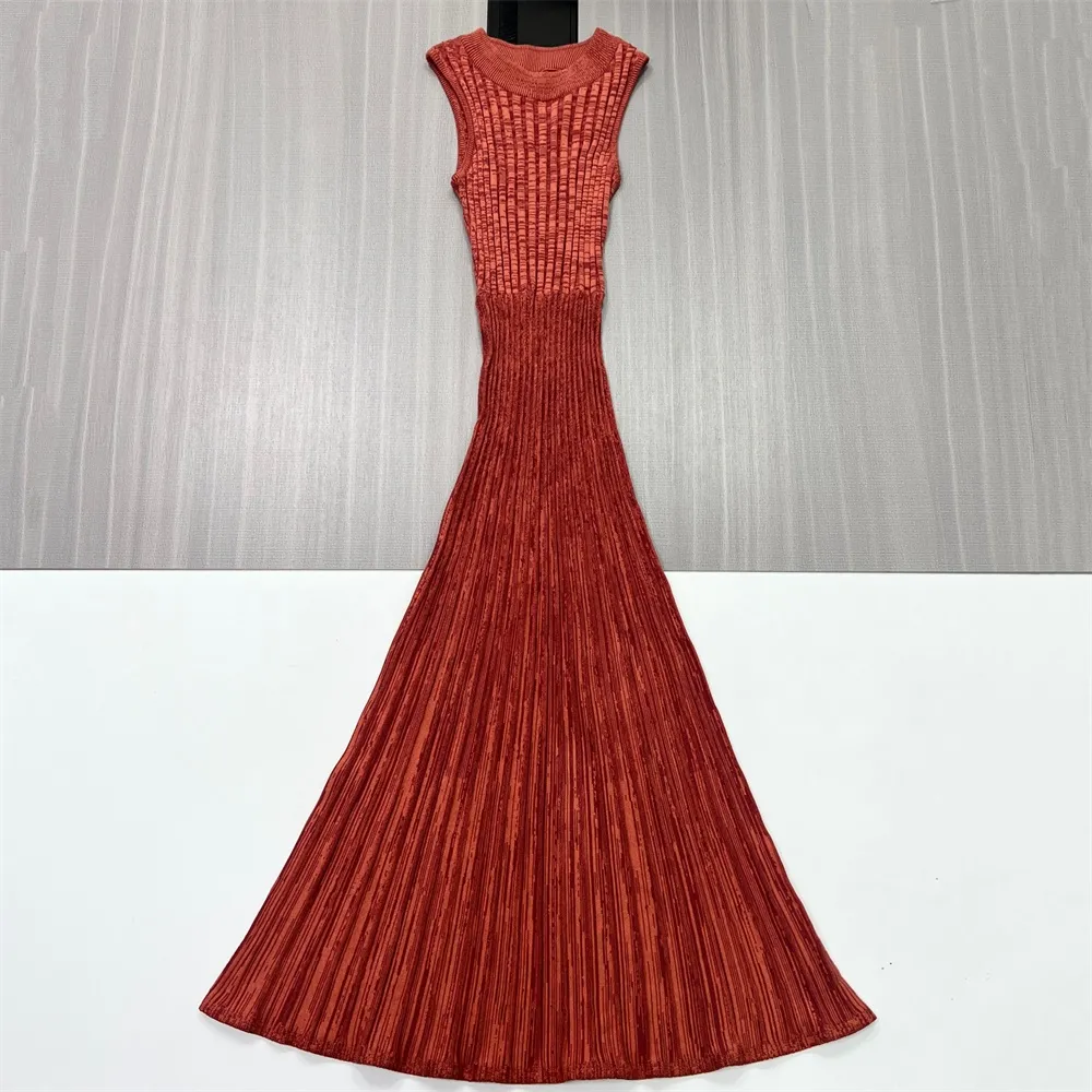 Women's Terracotta Sleeveless Ribbed Maxi Dress - Custom Elegant Flared Design