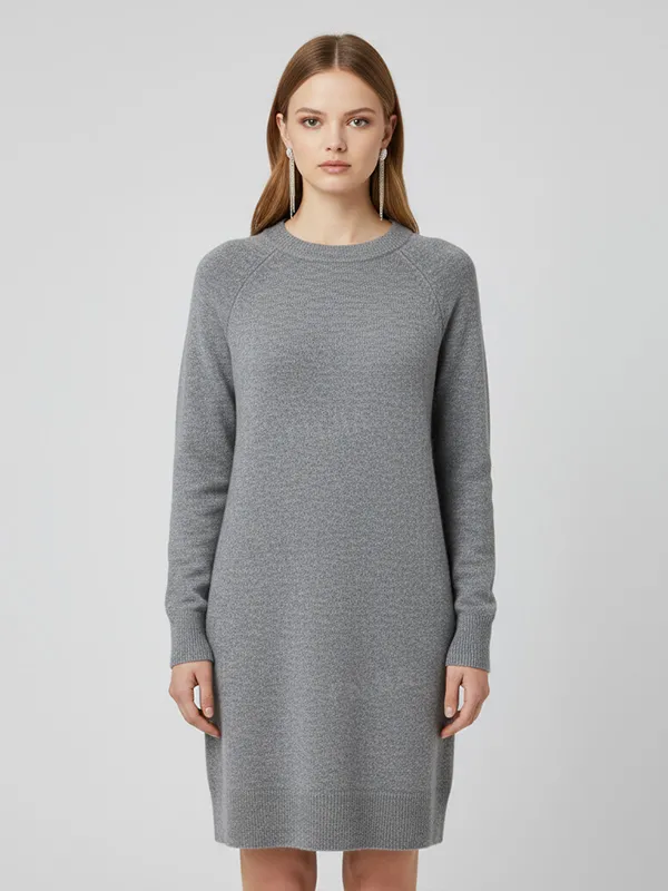 Women's Heather Gray Crew-Neck Knit Sweater Dress - Custom Minimalist Comfort Design