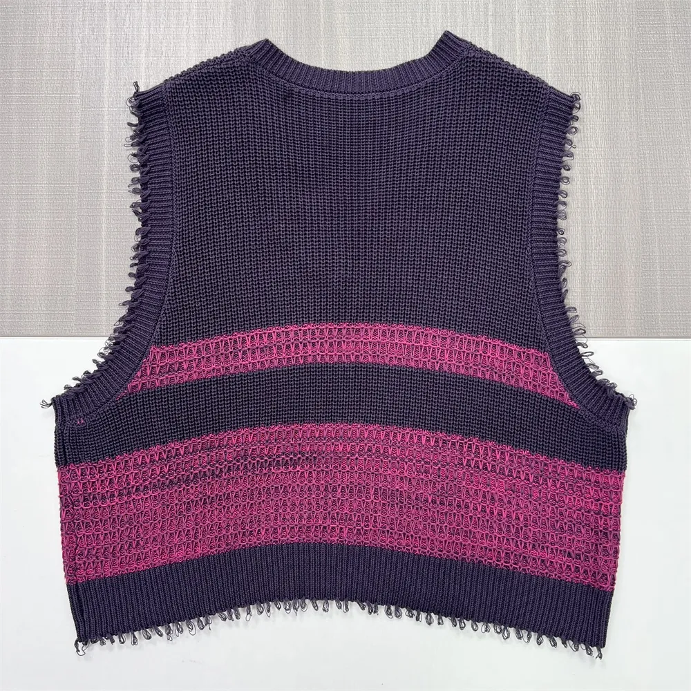Women's Plum & Magenta Striped Distressed-Knit Sleeveless Vest - Custom Edgy Design