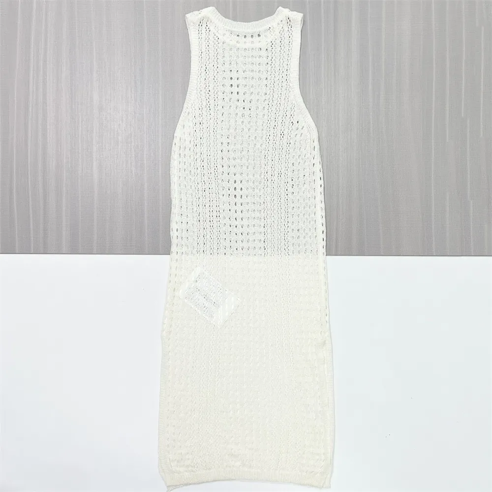 Women's White Openwork Knit Sleeveless Midi Dress - Custom Minimalist Elegant Design