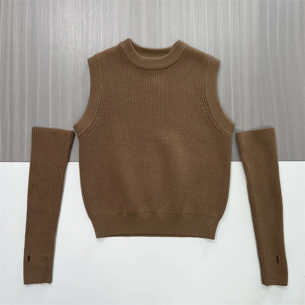 Women's Camel Ribbed Cold-Shoulder Detachable-Sleeve Knit Top - Custom Modular Design