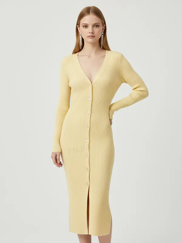 Women's Lemon Yellow Ribbed V-Neck Button-Front Midi Dress - Custom Slim-Fit Stylish Design